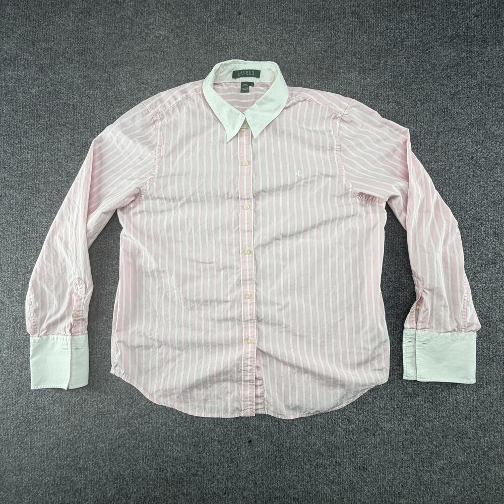 Lauren Ralph Lauren Shirt Womens Large Pink Striped Button Up Long Sleeve Casual